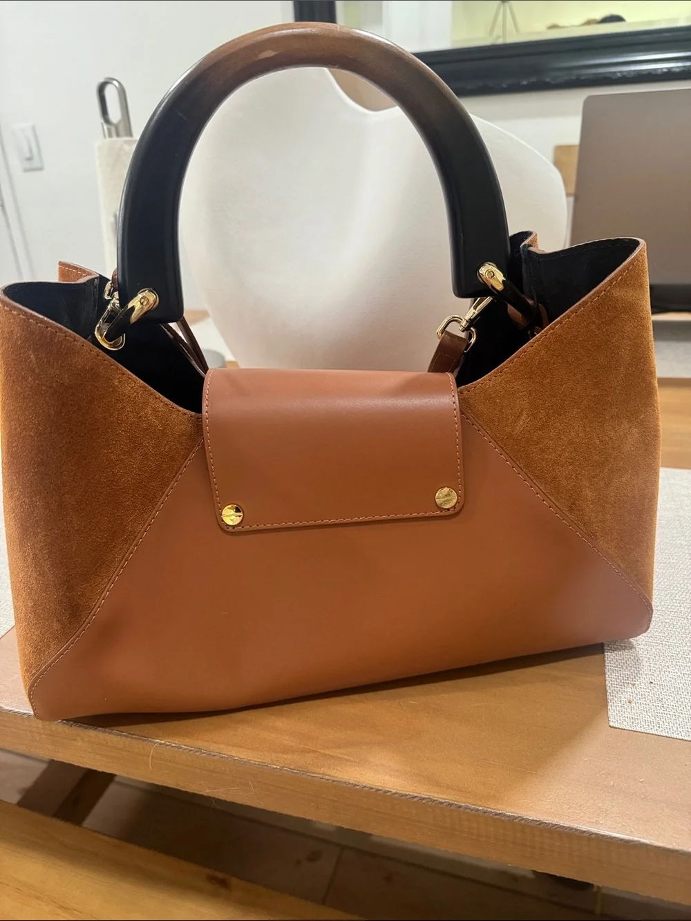Claudia Firenze Brown Leather & Suede Top-wood Handle Satchel